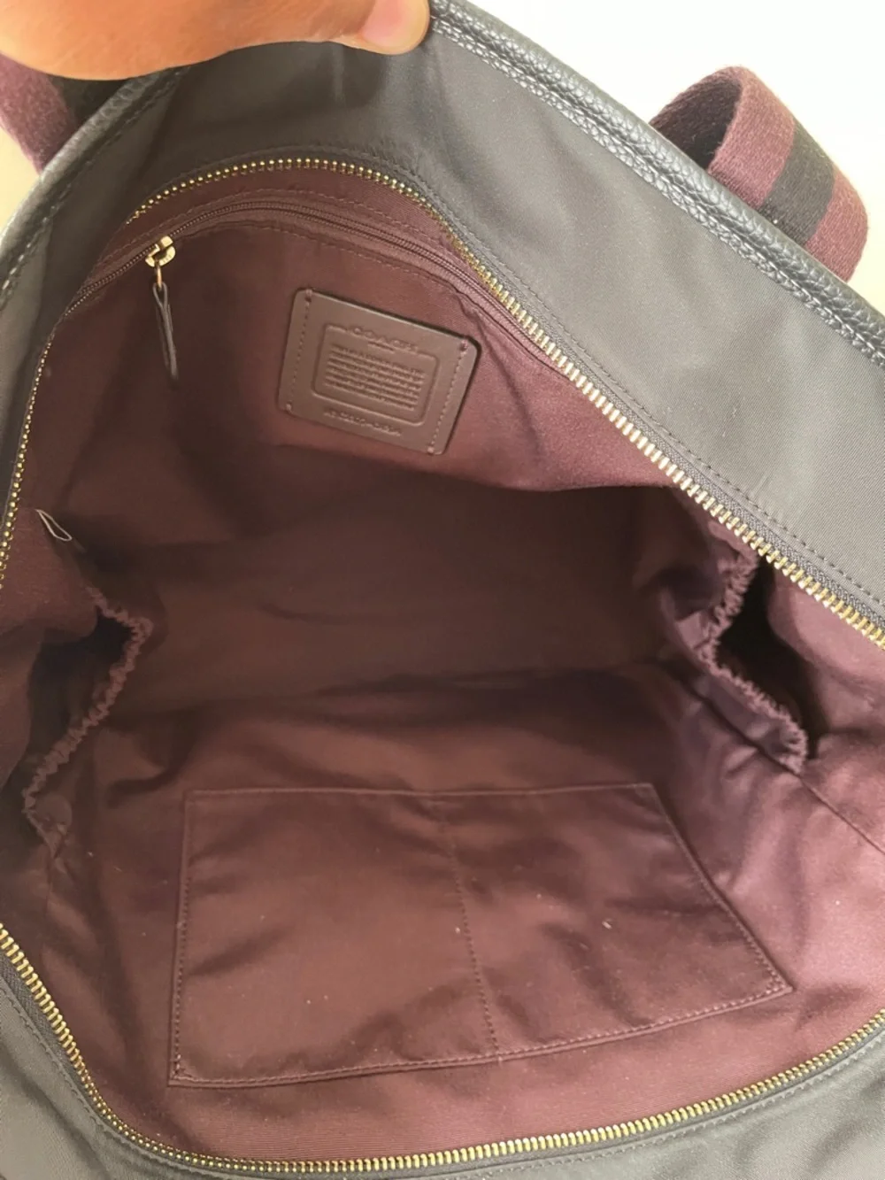 Unisex Coach Black Nylon Tote with Burgundy-Trim Straps
